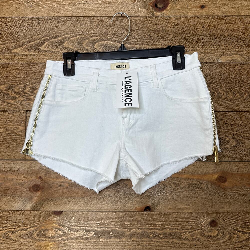 L'AGENCE Audrey Mid Rise White Denim Side Zipper Shorts Size 25 NWT